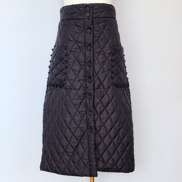 Lilian Black Quilted A- Line Midi Skirt Snap Front Closure Waist is 32" Size 6-8 - Picture 1 of 3